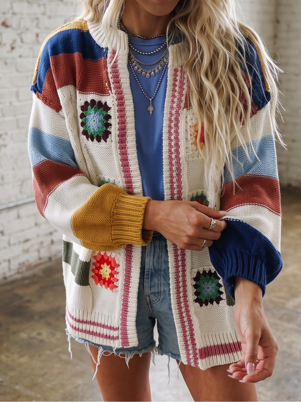 NWT POL Granny Tile Crochet Handmade Stripe Chenille Cardigan Sweater - Picture 10 of 16
